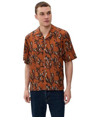 NWT Officine Generale Button-Down Camp Shirt Rouille Iced Coffee Brown Multi S